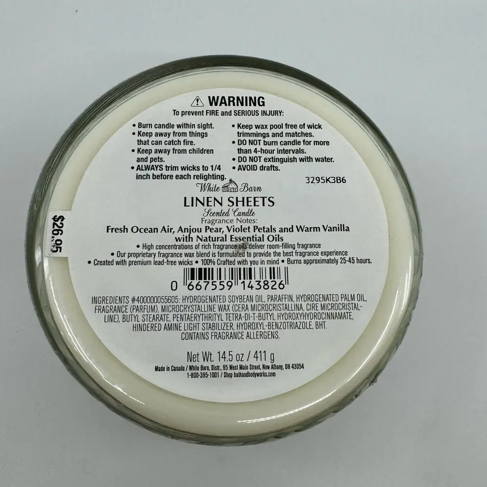 Bath & Body Works NEW Linen Sheets 3-wick candle White Barn